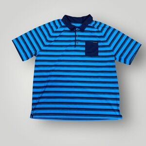 Oakley Polo Shirt Mens XL Blue Navy Striped Regular Fit Chest Pocket Golf Casual